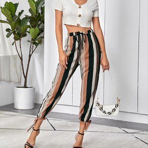SHEIN Drawstring Waist Knot Hem Striped Pants